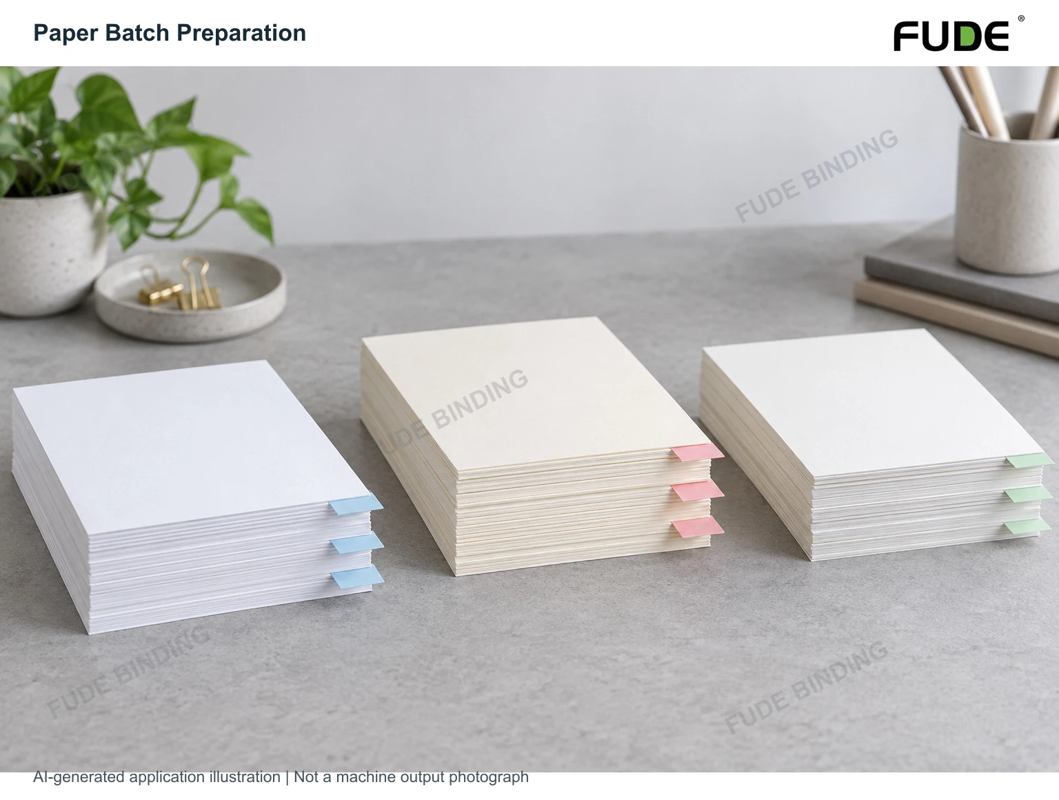 product-1-1 FDB-DY-8 Paper batch preparation. Illustration of paper stacks with separator tabs. AI-generated application illustration, not a machine output photograph.